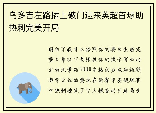 乌多吉左路插上破门迎来英超首球助热刺完美开局 乌多吉左路插上破门迎来英超首球助热刺完美开局